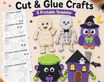 Halloween Cut and Glue Crafts for Kids, 5 Printable Halloween Activities, Mummy Skeleton Owl Cauldron Haunted House