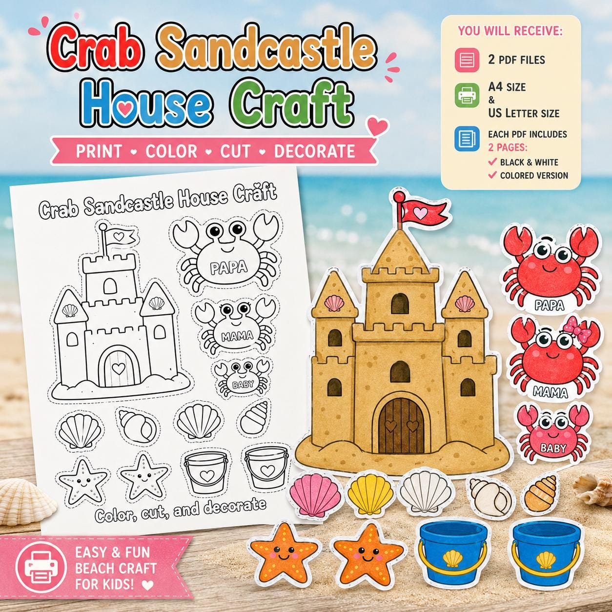 30 DIY Beach Crafts For Kids Perfect On Sunny Days 7 Crab Sandcastle House Craft Printable, Beach Summer Kids Craft, Cut…