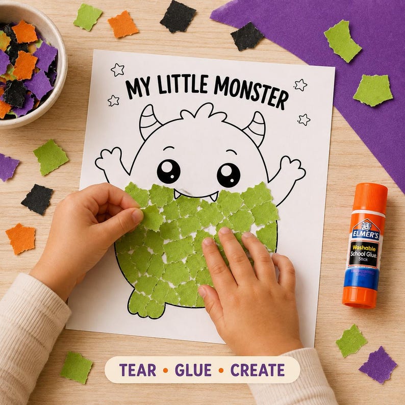 May include: A white paper activity sheet with the black text MY LITTLE MONSTER and a line drawing of a monster. The monster's body is being covered with small green paper squares using an orange Elmer's glue stick. Scattered paper squares surround the sheet.