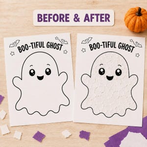 May include: Two white rectangular cards featuring a black line drawing of a ghost with the text BOO-TIFUL GHOST, bats, and stars. One card shows a smooth ghost, while the other shows a ghost filled with small, textured white paper pieces.