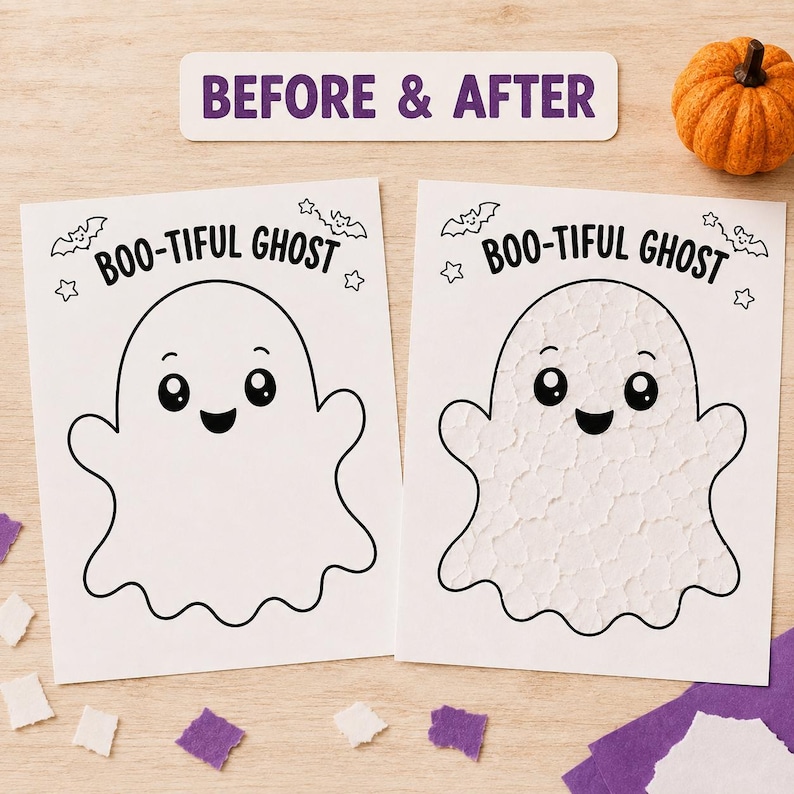 May include: Two white rectangular cards featuring a black line drawing of a ghost with the text BOO-TIFUL GHOST, bats, and stars. One card shows a smooth ghost, while the other shows a ghost filled with small, textured white paper pieces.