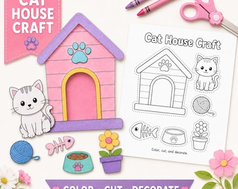 Cat House Craft Printable for Kids, Color Cut and Paste Cat Craft, Pet Theme Activity, Preschool Kindergarten Classroom PDF, A4 & US Letter