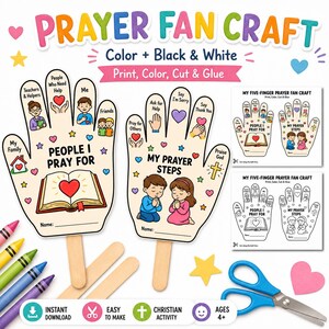 May include: A printable prayer fan craft kit featuring hand-shaped templates with text like People I Pray For and My Prayer Steps. The set includes colored and black-and-white versions, wooden sticks, crayons, and scissors for assembly.