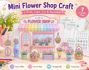 Mini Flower Shop Craft Printable, 3D Paper Flower Shop, Kids Coloring Cut Fold Craft, Spring Flower Shop Activity, Printable PDF Craft