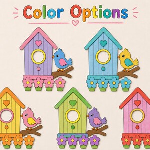May include: A selection of colourful birdhouses, each with a bird perched on a branch. The birdhouses are in various colours: purple, blue, yellow, green, and pink. The words "Color Options" are displayed at the top of the image.