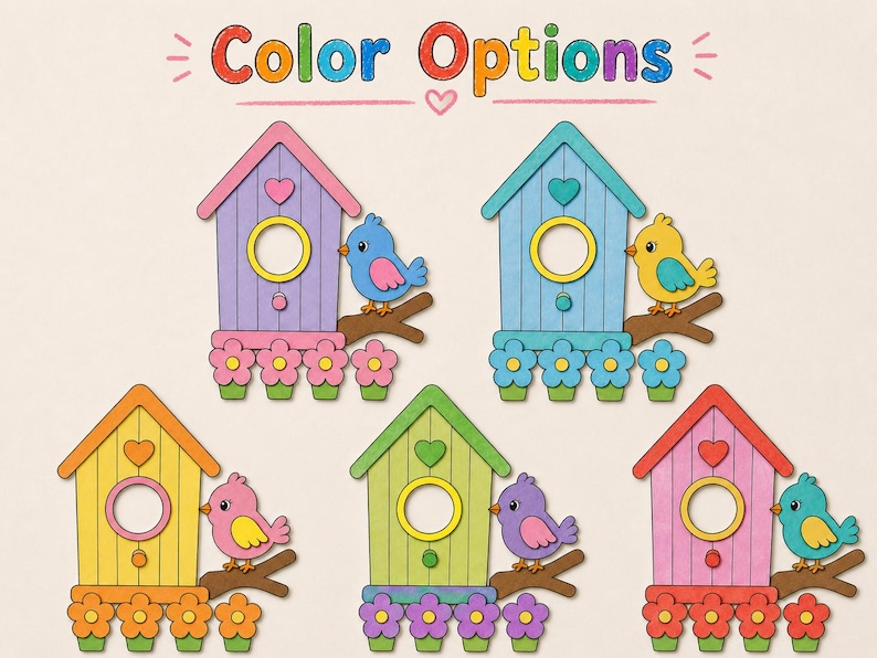 May include: A selection of colourful birdhouses, each with a bird perched on a branch. The birdhouses are in various colours: purple, blue, yellow, green, and pink. The words "Color Options" are displayed at the top of the image.