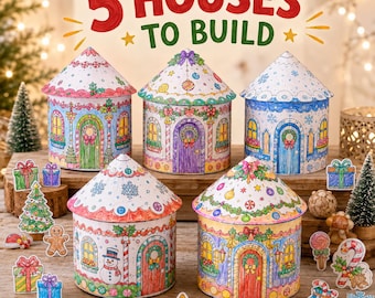 Christmas Paper House Craft Bundle | 5 Printable 3D Houses | Color Cut Build Kids Activity | Christmas Village Instant Download