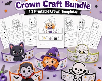 Halloween Crown Craft for Kids Printable, 10 Halloween Coloring Crowns, Cut and Paste Headband Activity, Classroom Party Craft