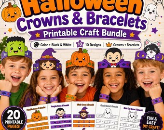 Halloween Crowns & Bracelets Printable Craft for Kids, 10 Halloween Headbands, Coloring Activity, Classroom Party DIY PDF