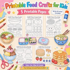 May include: A set of printable food craft activity pages for children featuring line art templates for a taco bowl, bento box, noodles, ice cream sundae, and pancakes. The set includes coloured examples of the finished paper crafts and a glue stick.