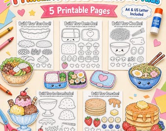 Manualidades de comida imprimibles para niños, paquete de actividades para recortar y pegar, tazón de tacos, caja bento, fideos, panqueques, manualidad preescolar en PDF