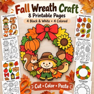 Puede incluir: Un set de manualidades de corona de otoño imprimible con 8 páginas en color y en blanco y negro. La imagen central muestra una corona decorada con un lazo rojo, calabaza, girasol, bellota, ardilla, pájaro y un personaje de espantapájaros.