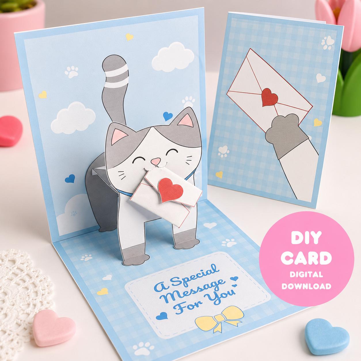 Printable Cat Pop Up Card Template, DIY Greeting Card Digital…