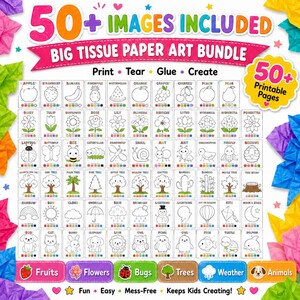 May include: A colorful bundle of printable tissue paper art pages for kids, featuring over 50 images. Includes fruits, flowers, bugs, trees, weather, and animals. Encourages creativity with print, tear, glue, and create activities.