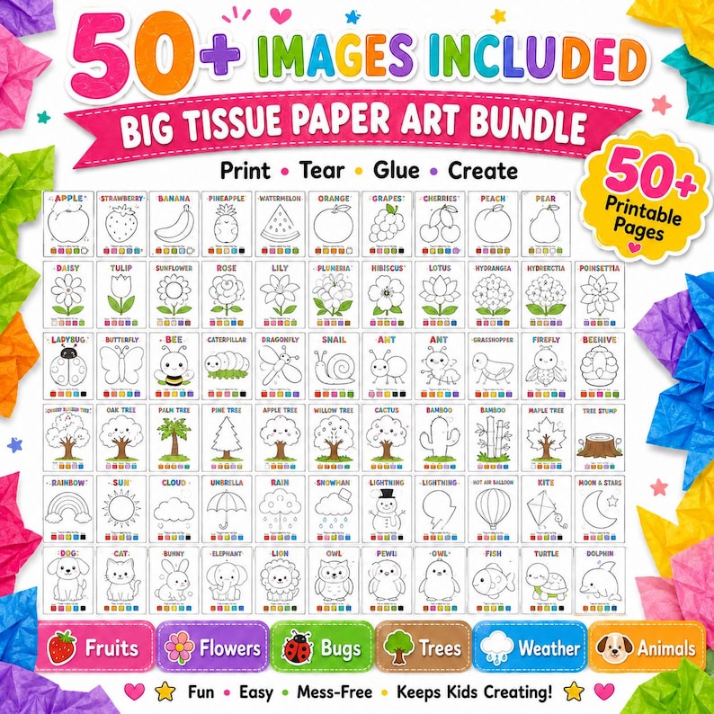 May include: A colorful bundle of printable tissue paper art pages for kids, featuring over 50 images. Includes fruits, flowers, bugs, trees, weather, and animals. Encourages creativity with print, tear, glue, and create activities.