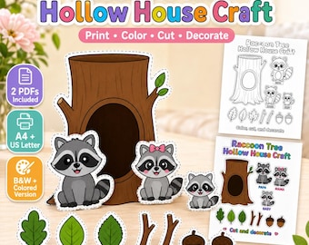 Raccoon Tree Hollow House Craft, Printable Woodland Animal Activity, Cut and Paste Kids Craft, Coloring Page, A4 US Letter PDF
