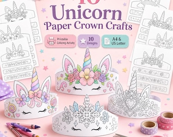 Unicorn Paper Crown Craft, Printable Unicorn Crown Coloring Activity, Kids Birthday Party Crown, Classroom Craft, DIY Unicorn Headband PDF