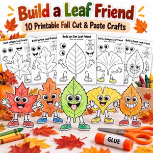Peut inclure: Un ensemble de 10 feuilles de bricolage imprimables à découper et coller intitulées Build a Leaf Friend, avec des contours en noir et blanc de feuilles d'érable, de chêne, d'orme, de ginkgo et de hêtre avec des yeux, des bras et des jambes.