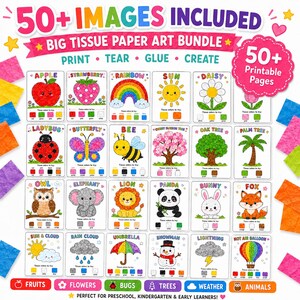 May include: A colorful educational art bundle with 50+ images, including fruits, flowers, bugs, trees, weather, and animals. Each image has a corresponding color guide for tissue paper art. The text reads "Big Tissue Paper Art Bundle."