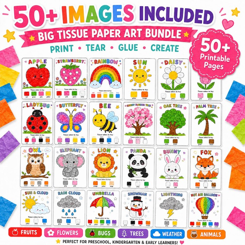 May include: A colorful educational art bundle with 50+ images, including fruits, flowers, bugs, trees, weather, and animals. Each image has a corresponding color guide for tissue paper art. The text reads "Big Tissue Paper Art Bundle."