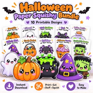 Puede incluir: Un paquete de paper squishies de Halloween con 10 diseños imprimibles que incluyen calabaza, fantasma, caldero, murciélago, poción, sombrero de bruja, cubo de dulces, araña, cupcake y monstruo de Frankenstein, todos con caras de dibujos animados.