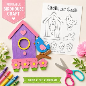 May include: A craft kit featuring a purple birdhouse with a pink roof and yellow details, alongside a printable template. A blue bird sits on a branch. Includes crayons and scissors. Text reads "Printable Birdhouse Craft" and "Color Cut Decorate."
