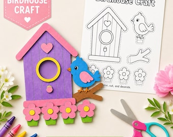 Printable Birdhouse Craft for Kids, Spring Color Cut and Paste Activity, Preschool Kindergarten Classroom Craft, Bird Craft PDF Download