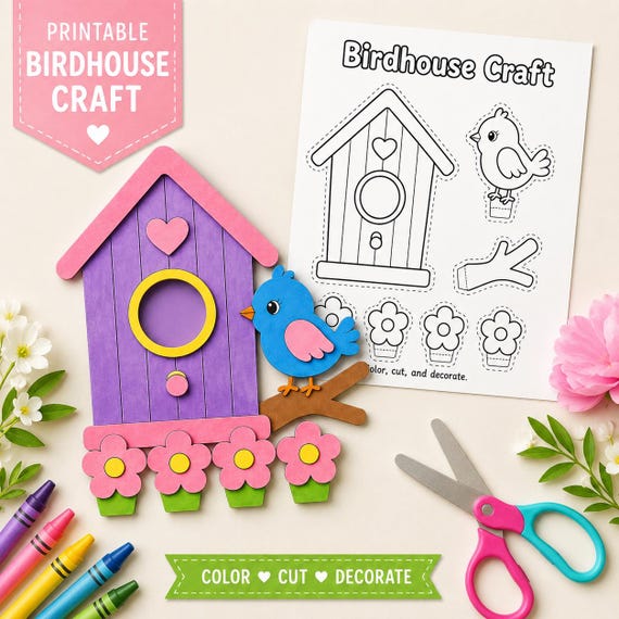 Printable Birdhouse Craft for Kids, Spring Color Cut and Paste Activity, Preschool Kindergarten Classroom Craft, Bird Craft PDF Download