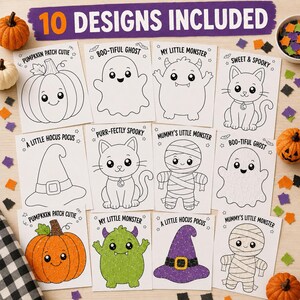 May include: A set of ten Halloween-themed coloring pages featuring black and white line art of pumpkins, ghosts, monsters, cats, and witch hats, with some designs partially colored in orange, green, and purple, labeled 10 DESIGNS INCLUDED.