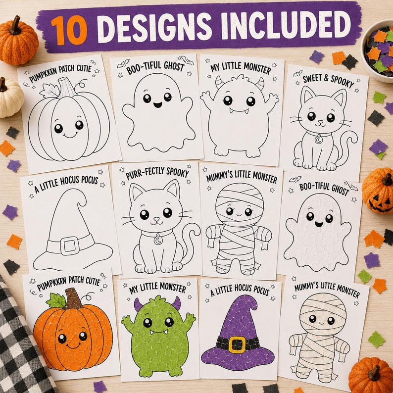 May include: A set of ten Halloween-themed coloring pages featuring black and white line art of pumpkins, ghosts, monsters, cats, and witch hats, with some designs partially colored in orange, green, and purple, labeled 10 DESIGNS INCLUDED.