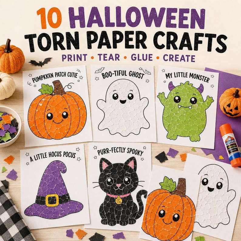 May include: A set of 10 Halloween torn paper craft templates featuring illustrations of a pumpkin, ghost, monster, witch hat, and black cat. Each page includes text like PUMPKIN PATCH CUTIE, BOO-TIFUL GHOST, MY LITTLE MONSTER, A LITTLE HOCUS POCUS, and PURR-FECTLY SPOOKY.