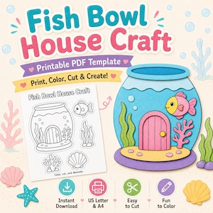 Fish Bowl House Craft Printable, Ocean Animal Cut and Paste Activity, Fish Bowl Coloring Page, Kids Summer Craft PDF, Classroom Craft