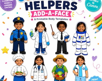Community Helpers Add a Face Canva Template, 8 Career Day Photo Templates, 5 Skin Tones, Kids Bulletin Board Printable
