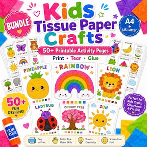 May include: A colorful bundle of kids' tissue paper crafts, featuring over 50 printable activity pages. The image includes illustrations of a pineapple, rainbow, ladybug, and sun, along with a glue stick and text that says "Easy to Print".