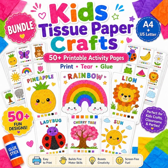 Kids Tissue Paper Crafts Bundle, 50+ Printable Activity Pages, Preschool Fine Motor Craft, Print Tear Glue Kids Art Worksheets PDF