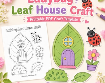 Ladybug Leaf House Craft Printable, Spring Bug Cut and Paste Activity, Kids Coloring Page, Preschool Classroom PDF