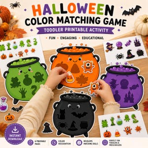 Könnte beinhalten: Ein Halloween-Farben-Zuordnungsspiel zum Ausdrucken mit vier großen illustrierten Kesseln in Grün, Orange, Lila und Schwarz. Jeder Kessel zeigt Silhouetten zum Zuordnen kleiner Aufkleber von Kürbissen, Fledermäusen, Spinnen und Zaubertränken.