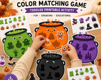 Gioco di abbinamento dei colori di Halloween stampabile, attività di Halloween per bambini piccoli, gioco di smistamento dei colori per la scuola materna, libro interattivo di abbinamento, gioco educativo per bambini