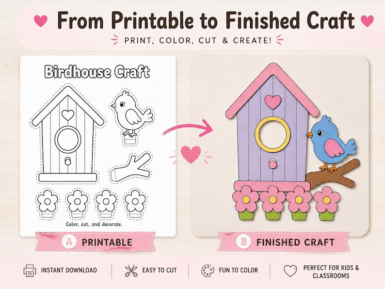 May include: An image illustrating a craft project, showing a printable birdhouse design and a finished craft version. The printable design is monochrome, the finished craft is in colour. Text reads "From Printable to Finished Craft" and "Birdhouse Craft".