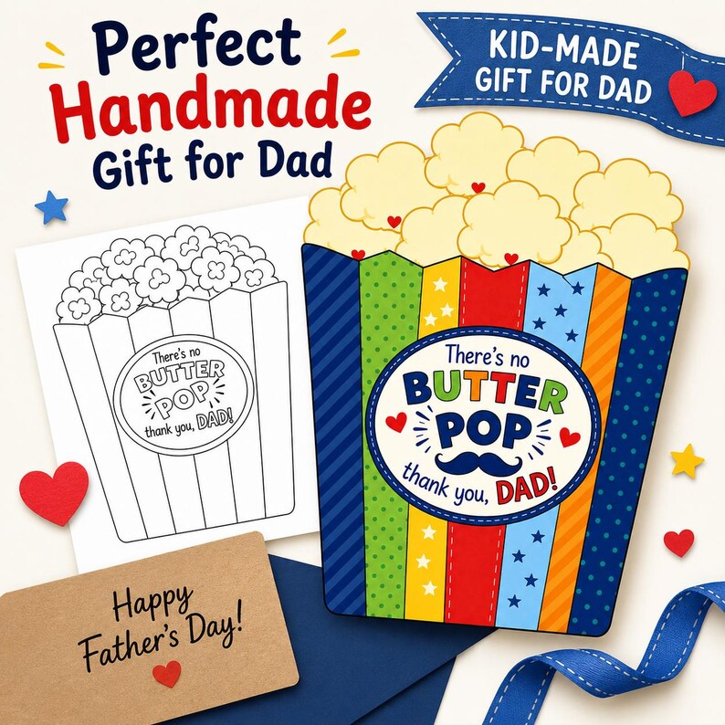 Peut inclure: Un bricolage en forme de seau &agrave; pop-corn avec le texte There's no BUTTER POP thank you, DAD! et une ic&ocirc;ne de moustache. Inclut une version &agrave; colorier en noir et blanc, une carte brune avec Happy Father's Day et un ruban bleu.