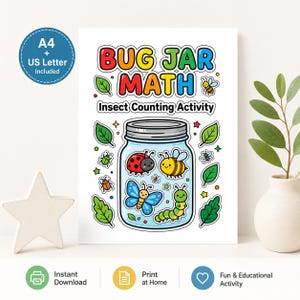 Może przedstawiać: Biała karta edukacyjna z napisem BUG JAR MATH Insect Counting Activity przedstawiająca duży szklany słoik wypełniony kolorowymi owadami z kreskówek, w tym biedronką, pszczołą, motylem i gąsienicą, otoczonymi zielonymi liśćmi i gwiazdkami.