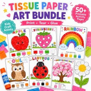 May include: A colorful tissue paper art bundle for kids, featuring printable activity pages. The set includes cards with images of an apple, strawberry, rainbow, owl, ladybug, cherry blossom tree, and a glue stick.