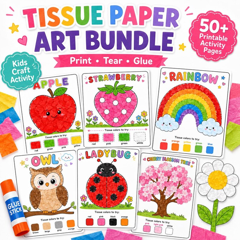 May include: A colorful tissue paper art bundle for kids, featuring printable activity pages. The set includes cards with images of an apple, strawberry, rainbow, owl, ladybug, cherry blossom tree, and a glue stick.