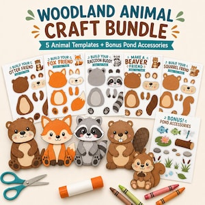 May include: A woodland animal craft bundle featuring five paper templates for an otter, fox, raccoon, beaver, and squirrel, plus pond accessories. Includes cut-out shapes, a pair of teal scissors, a glue stick, and three crayons on a light background.