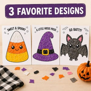 May include: Three rectangular cards featuring Halloween-themed paper mosaic art. The left card shows candy corn with the text SWEET & SPOOKY. The center card shows a purple witch hat with A LITTLE HOCUS POCUS. The right card shows a bat with GO BATTY.