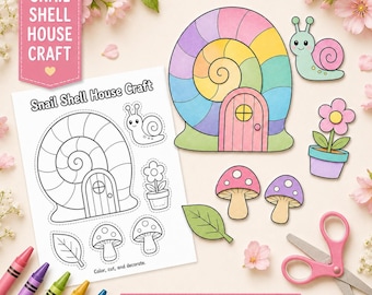 Snail Shell House Craft Printable, Spring Garden Coloring Cut and Paste Activity for Kids, Preschool Fine Motor Paper Craft PDF
