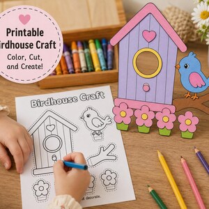 May include: A craft kit featuring a printable birdhouse design. The image shows a paper birdhouse outline, a decorative bird, and flowers. The scene includes coloured pencils and crayons, perfect for colouring and creating. The text reads "Printable Birdhouse Craft".