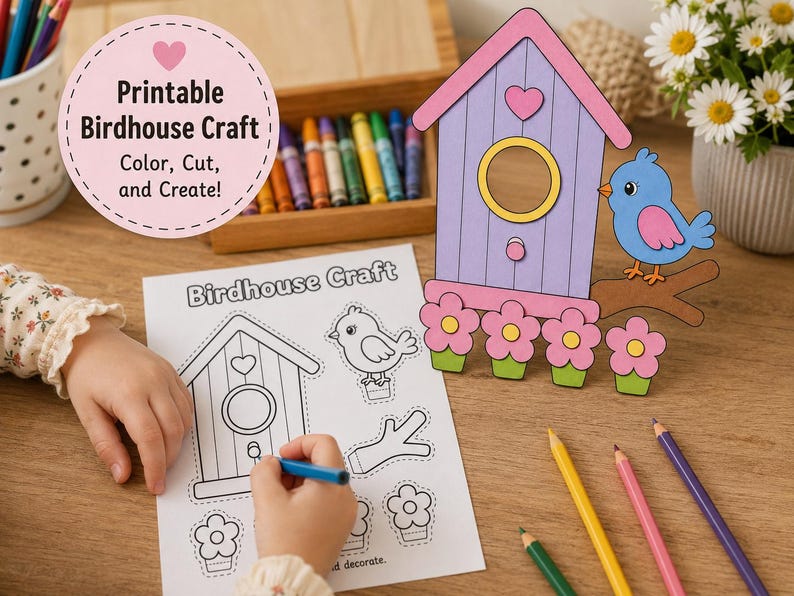 May include: A craft kit featuring a printable birdhouse design. The image shows a paper birdhouse outline, a decorative bird, and flowers. The scene includes coloured pencils and crayons, perfect for colouring and creating. The text reads "Printable Birdhouse Craft".