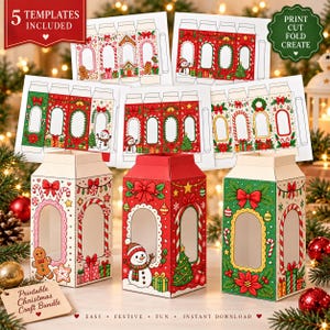 May include: A set of five printable Christmas treat box templates featuring festive designs with gingerbread men, snowmen, Christmas trees, and poinsettias. The templates include cut lines for assembly and display colourful holiday patterns in red, green, and white.