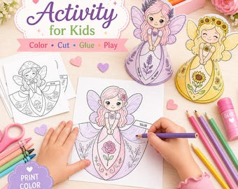 Fairy Paper Doll Craft Printable, 10 Fairy Templates, Coloring Cut and Glue Activity, Kids Paper Doll Craft, Fairy Coloring Pages,  PDF